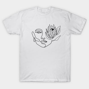 One line woman face with protea flower. Continuous line print. T-Shirt